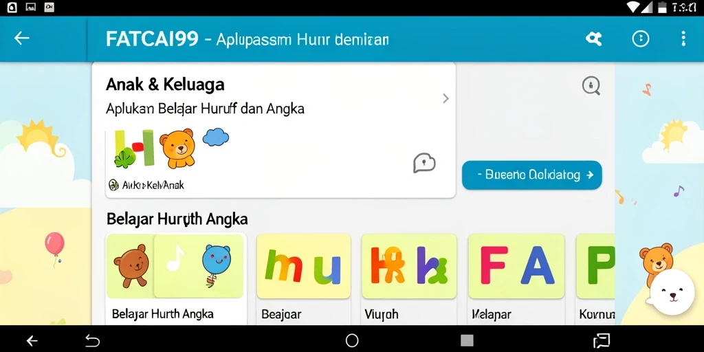 Tampilan antarmuka pengguna aplikasi FATCAI99 untuk belajar huruf dan angka.
